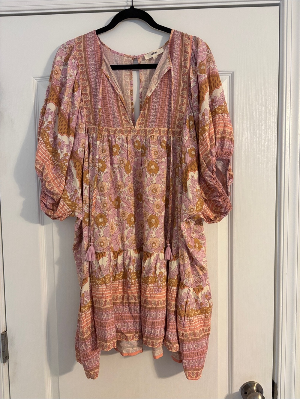 Jaase Pink and Tan Floral Tiered Mini Dress